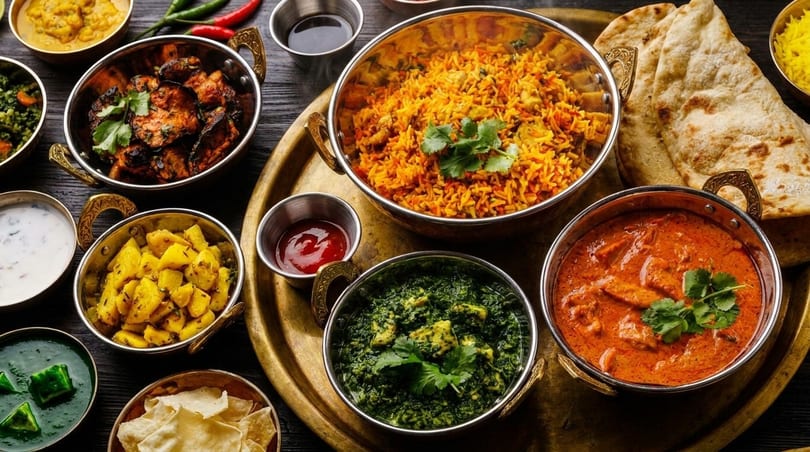 A golden tray filled with various Indian dishes, including rice, curries, naan, and chutneys.