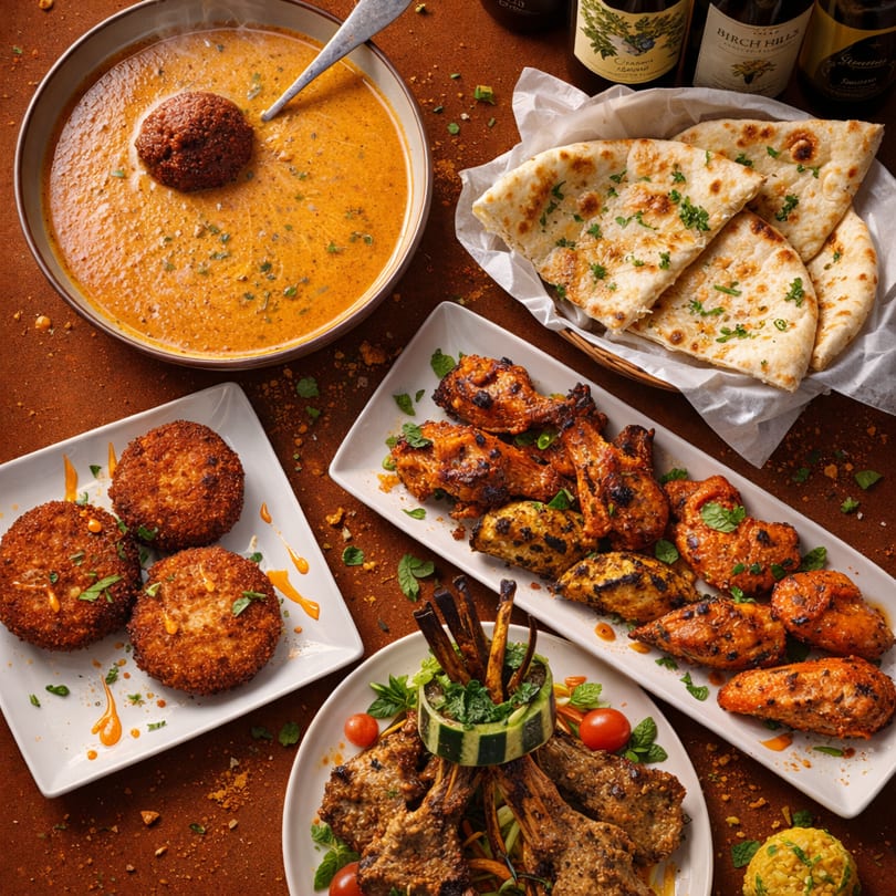 Overhead view of a vibrant Indian feast with soup, naan, grilled chicken, lamb chops, and crab cakes.